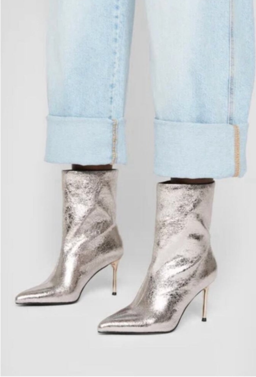 All Saints AllSaints Orlana Leather Shimmer Silver Boots Sz 38 $349