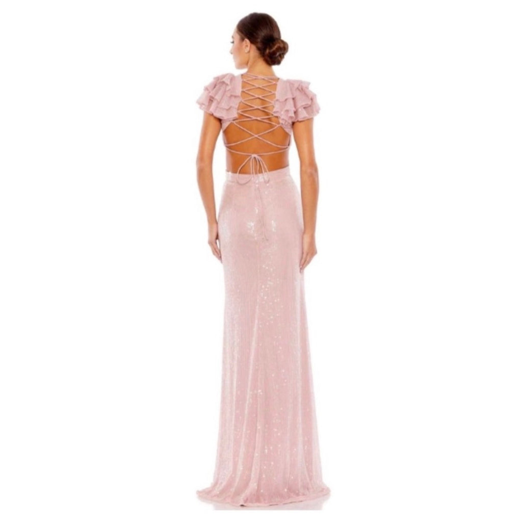 Mac Duggal 10829 Sequined Cut Out Lace Back Gown Rose Pink Sz 2 $598