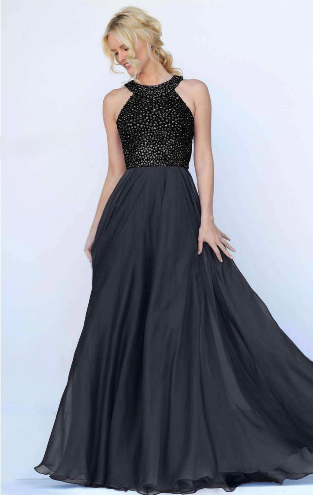 Sherri Hill 50615 Beaded Bodice Chiffon Gown Black Sz 4 $450
