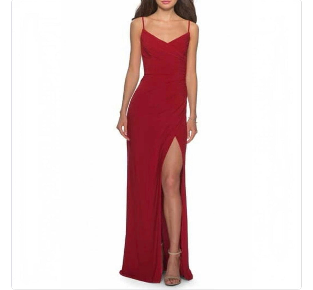 La Femme 28079 Ruched Jersey Trumpet Gown Deep Red Size 12