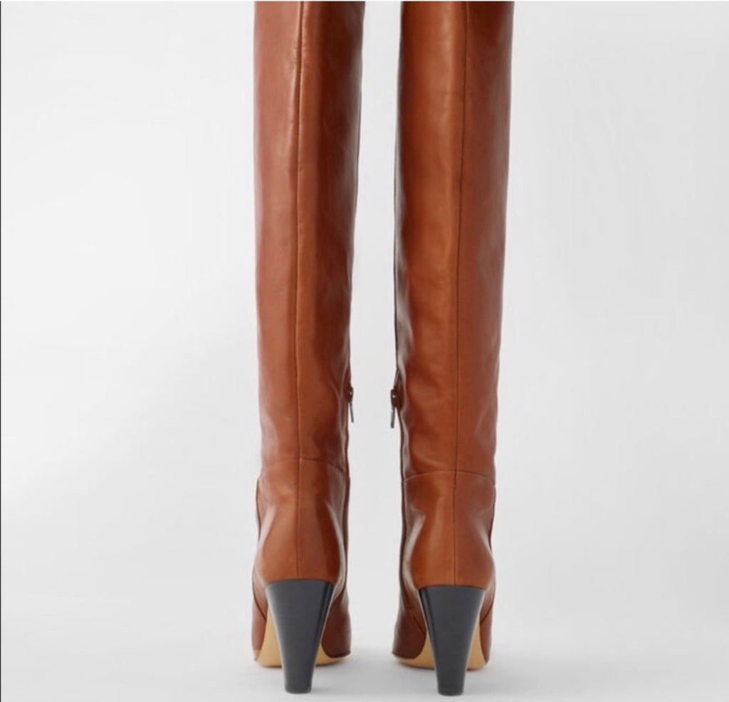 MAJE Fidel Tall Leather Boots in Cognac Sz 37 $585