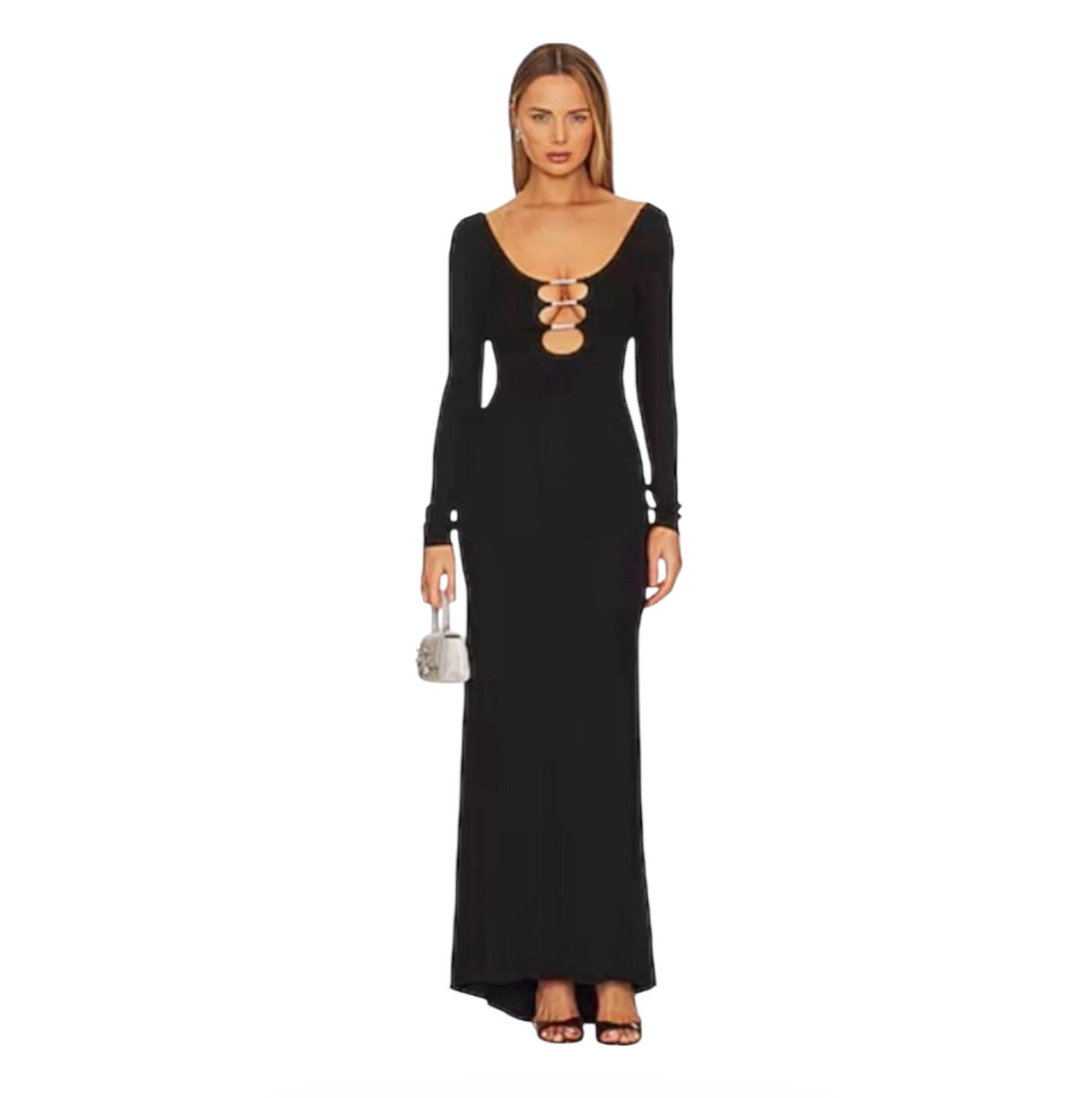 Alice + Olivia Black Kalena Plunge Crystal Jersey Cut Out Maxi Dress Sz 8