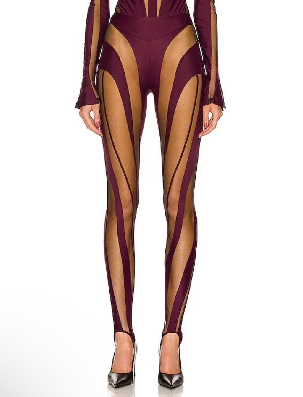 Mugler Sheer Spiral
Stirrup Leggings
Raisin Black Mesh Illusion FR 38