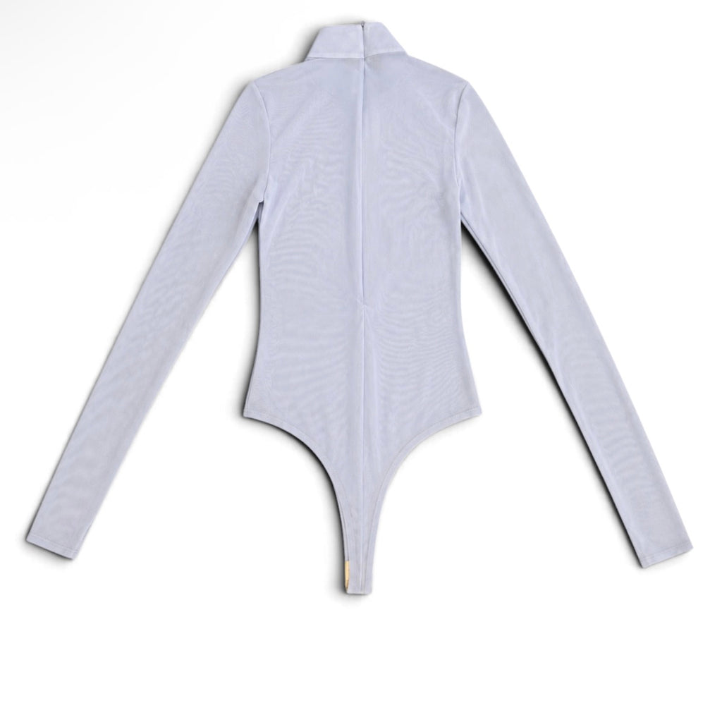 Mariandrée Gaitán Caroline Sheer Mesh Mock Neck Bodysuit Periwinkle XS