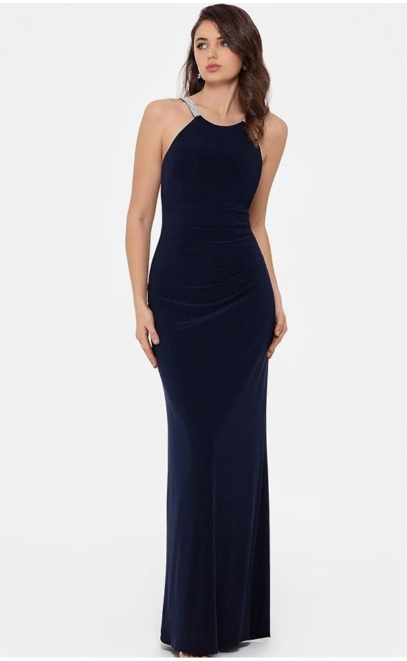 Betsy & Adam Women's Long Halter Neck Sleeveless Gown with Rhinestone Straps $239 Navy Blue