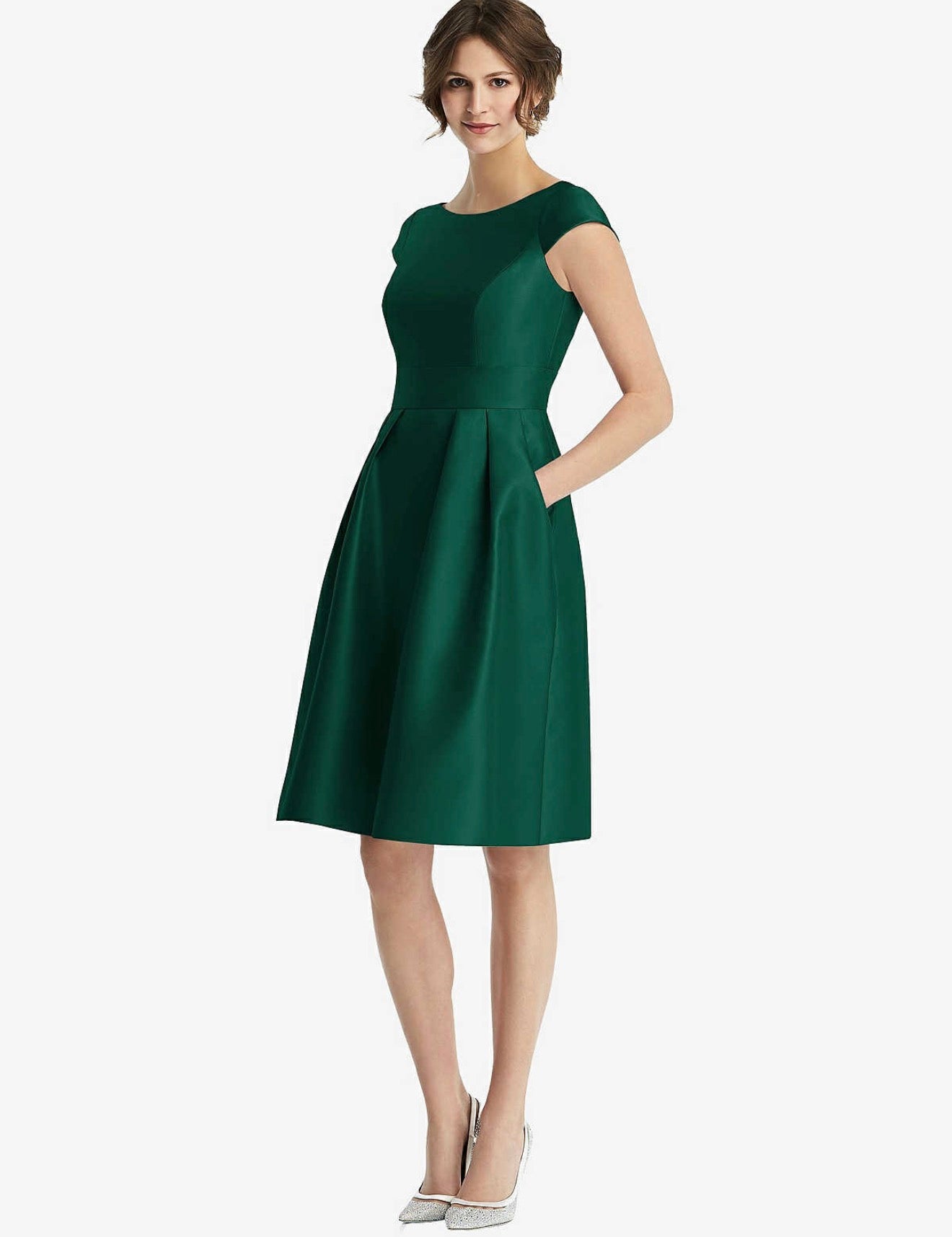 Alfred Sung Cap Sleeve Pleated Cocktail Dress with Pockets Hunter Green Sz 14
$208