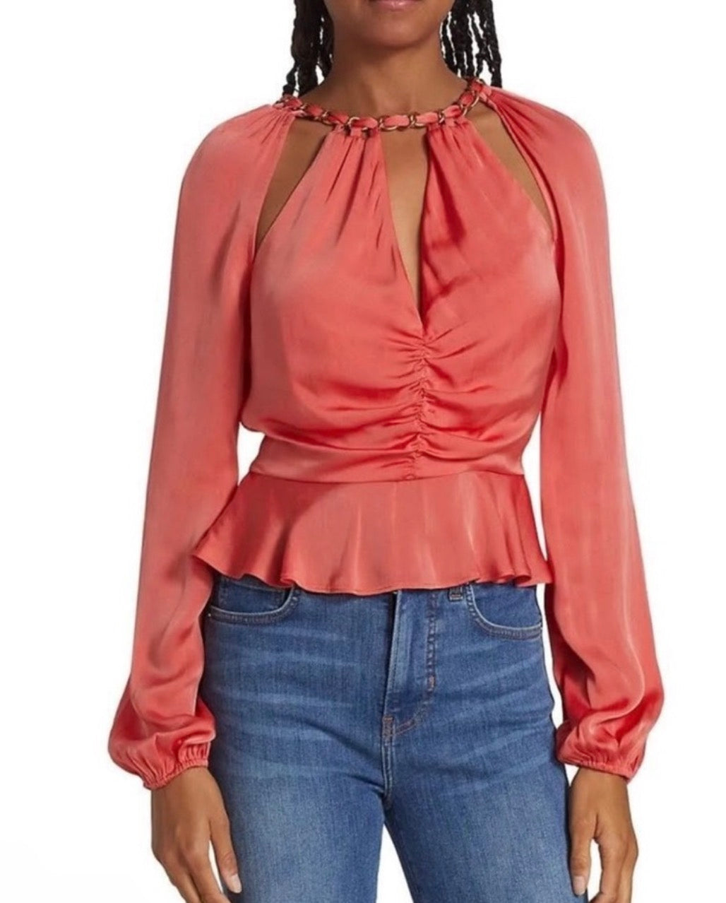 New! Veronica Beard Yulita Cut-Out Silk-Blend Top Watermelon Size 8 $498