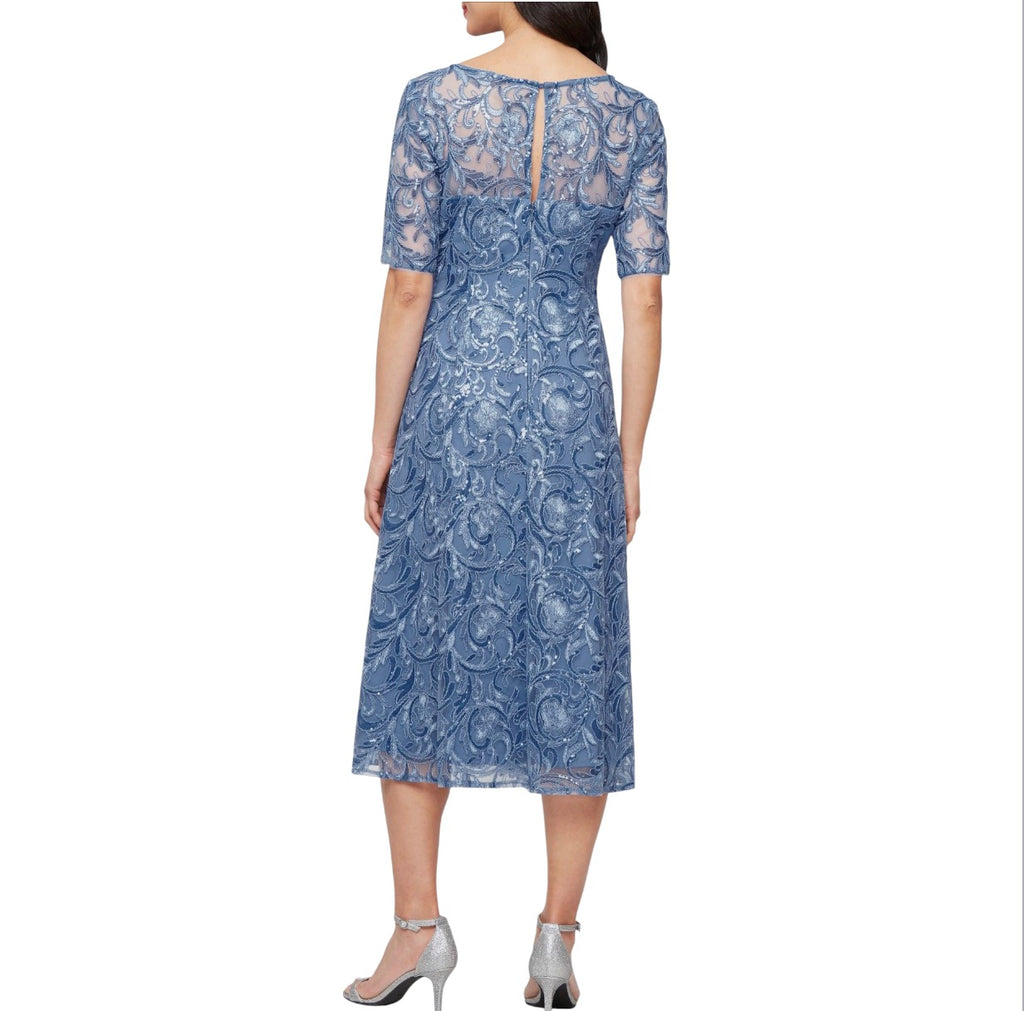 Alex Evenings Embroidered Tulle Sequin Midi Cocktail Dress Blue Size 10