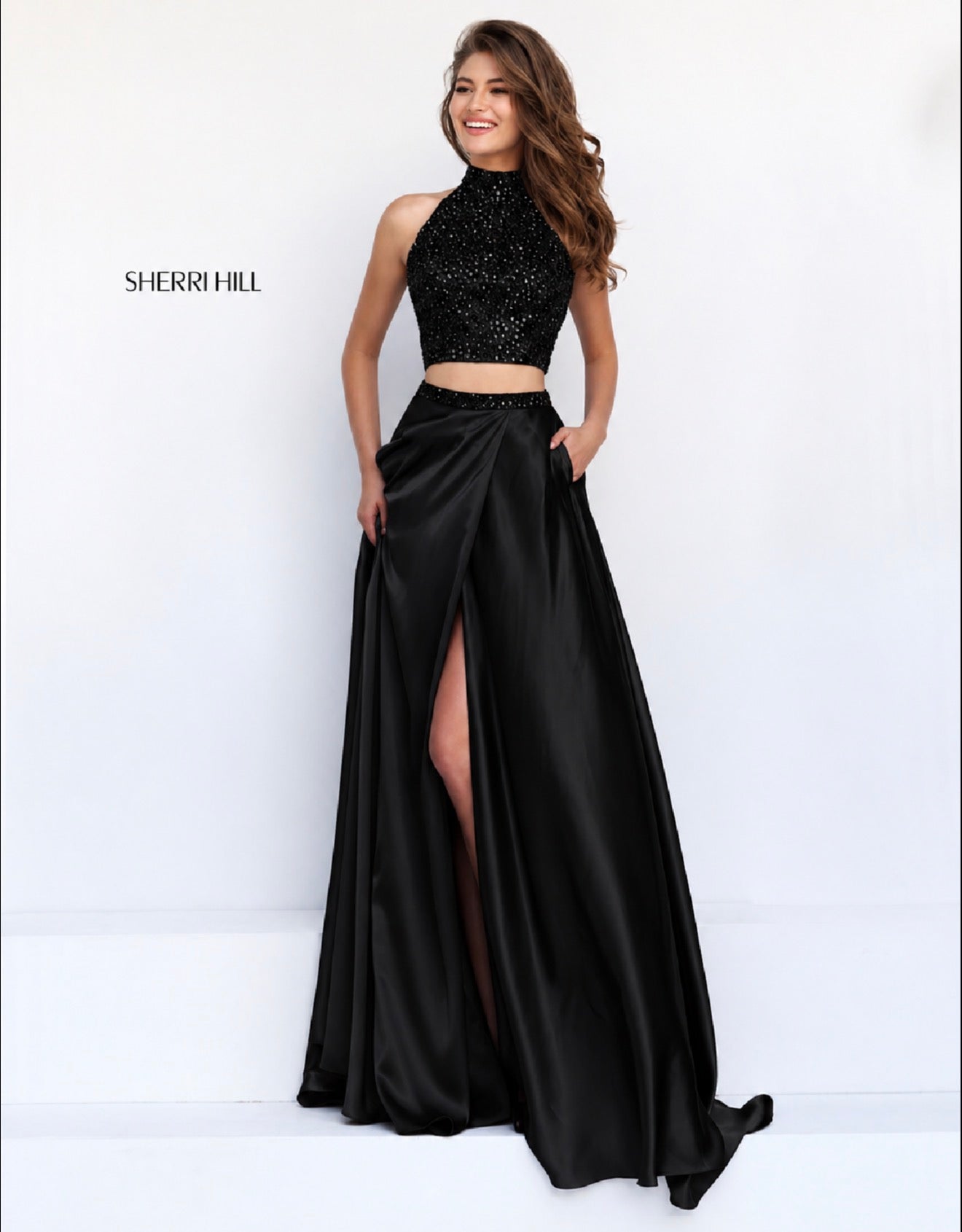 Sherri Hill 11330 Black Two Piece Halter High Slit Prom Gown Dress
Size 6 $498