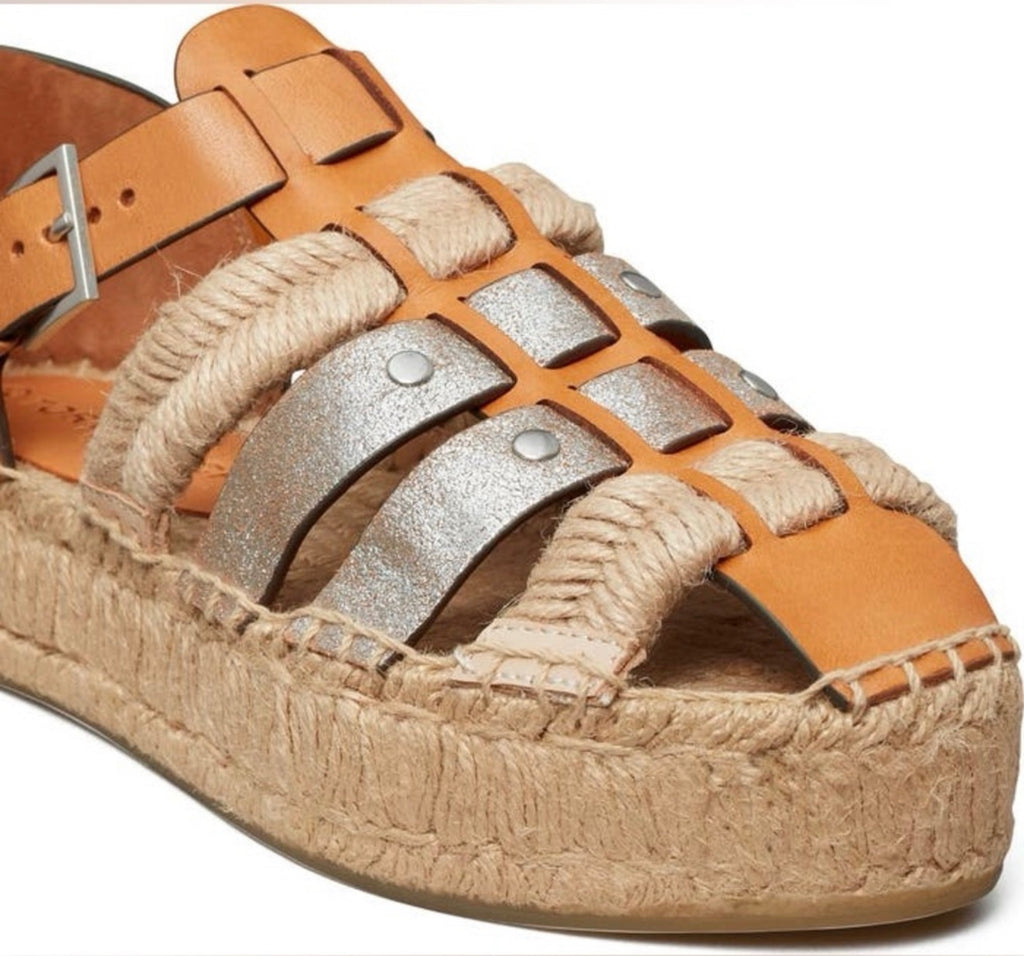 Tory Burch Fisherman Platform Espadrille Sandals Tan Silver Size 7