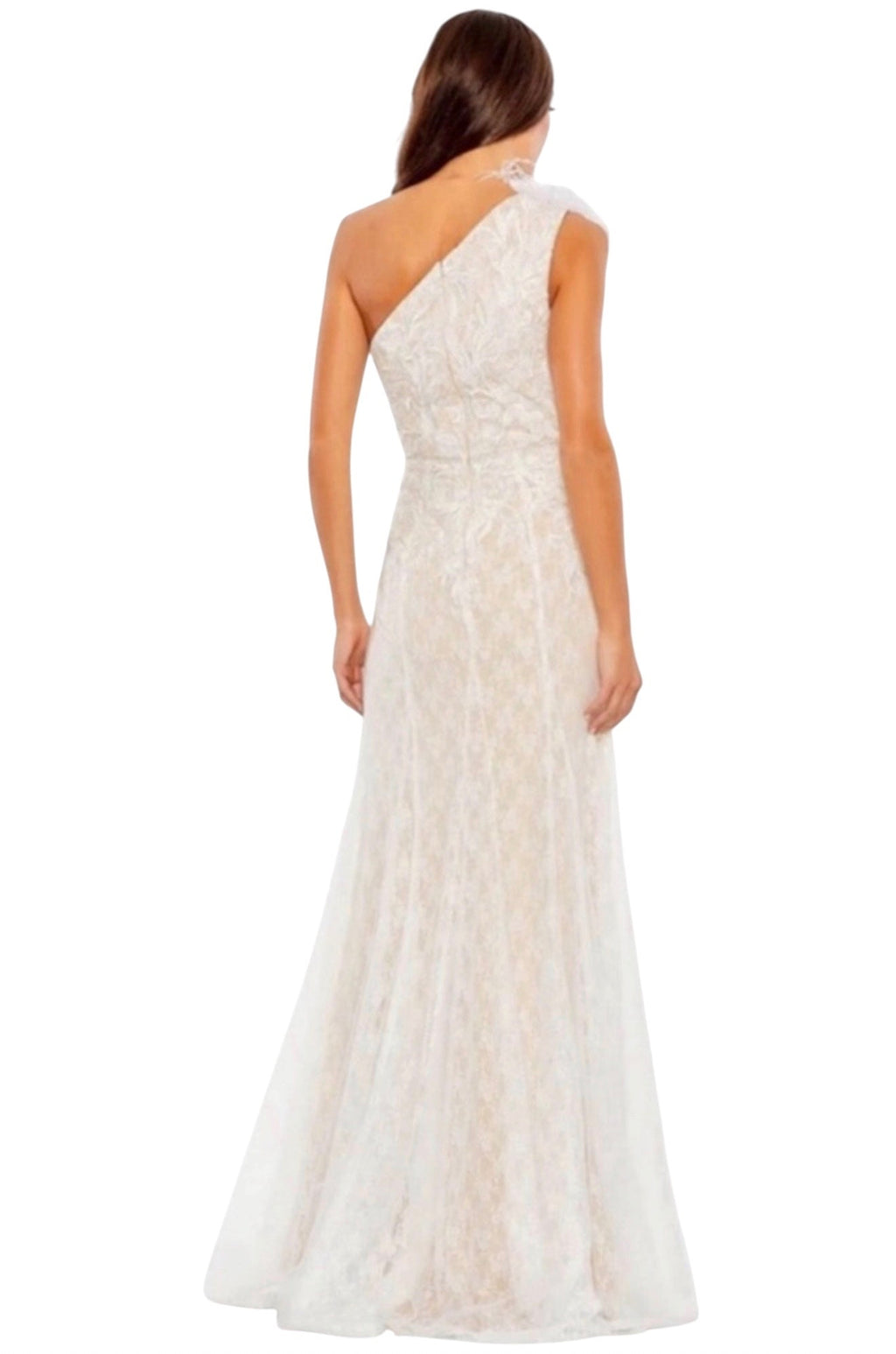 Mac Duggal 11317 Feather OneShoulder Ivory Lace Dress Formal Gown Sz 8