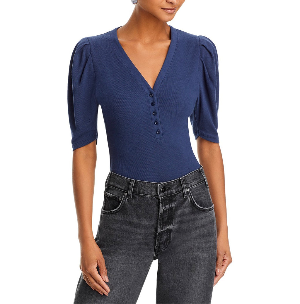 FRAME Rib Knit Ruched Sleeve Henley Tee Navy Blue Sz Small $168