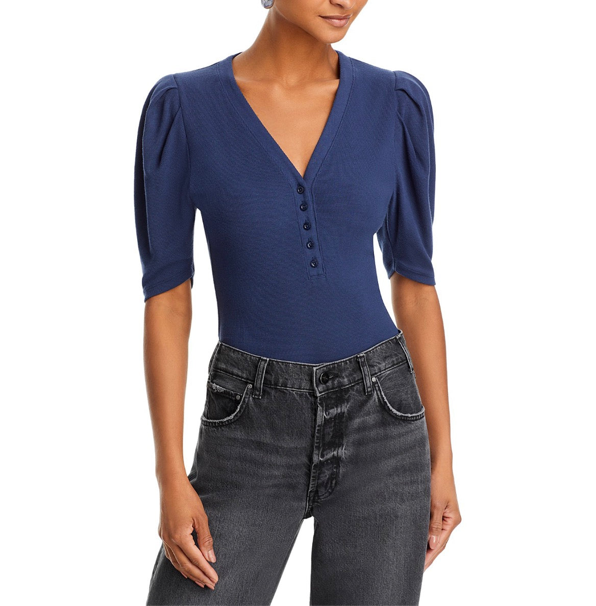 FRAME Rib Knit Ruched Sleeve Henley Tee Navy Blue Sz Small $168