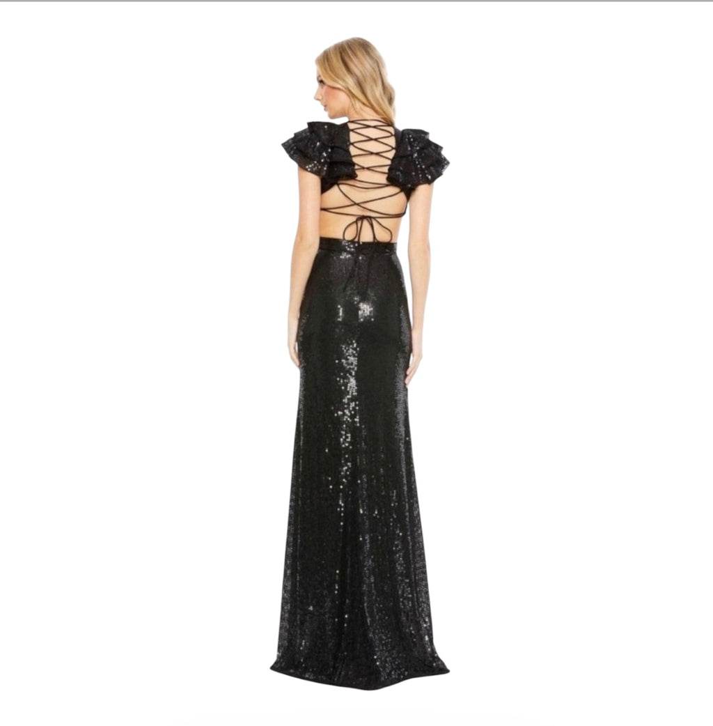 MAC DUGGAL 10829 Sequin Ruffled Cut Out Lace Up Gown in Black