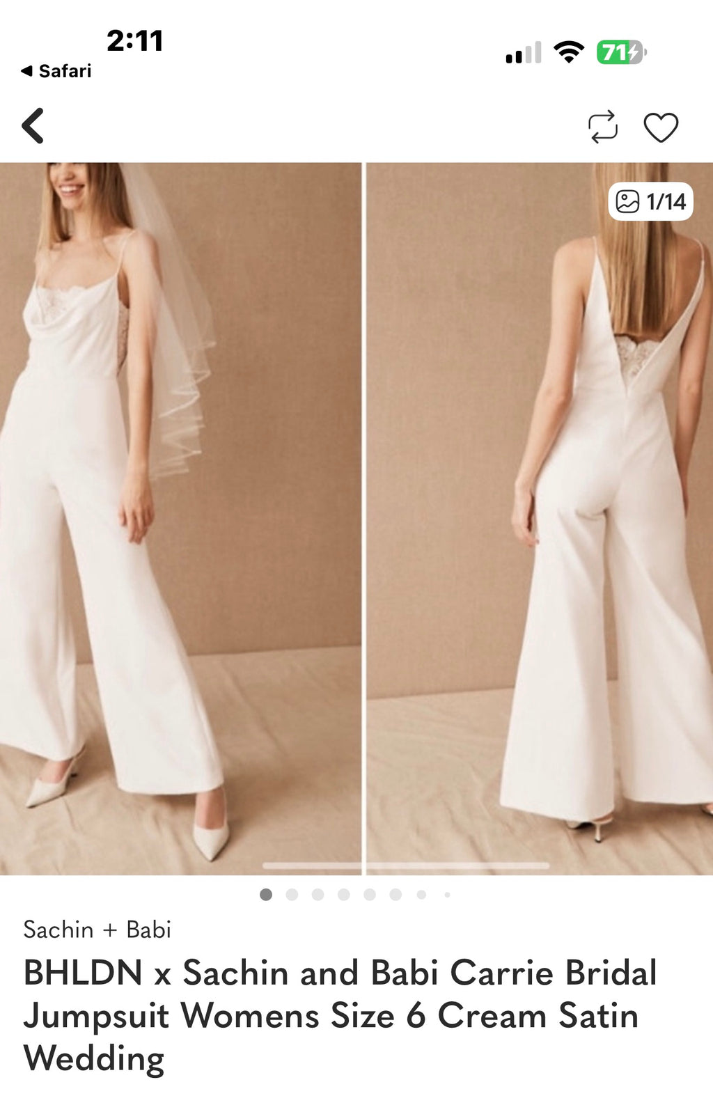 BHLDN x Sachin & Babi Carrie Bridal Jumpsuit – Size 6 Cream Satin Wedding Jumpsuit $795