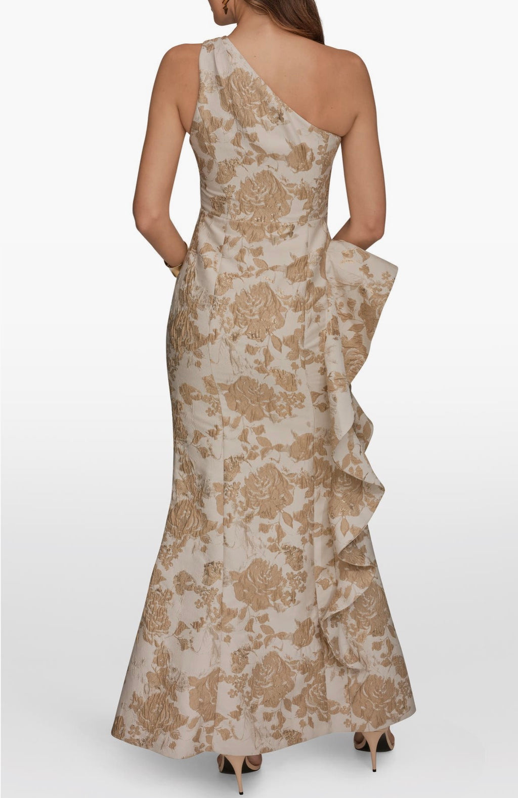 Donna Karan One Shoulder Cascading Ruffle Metallic Floral Gown Gold Size 2