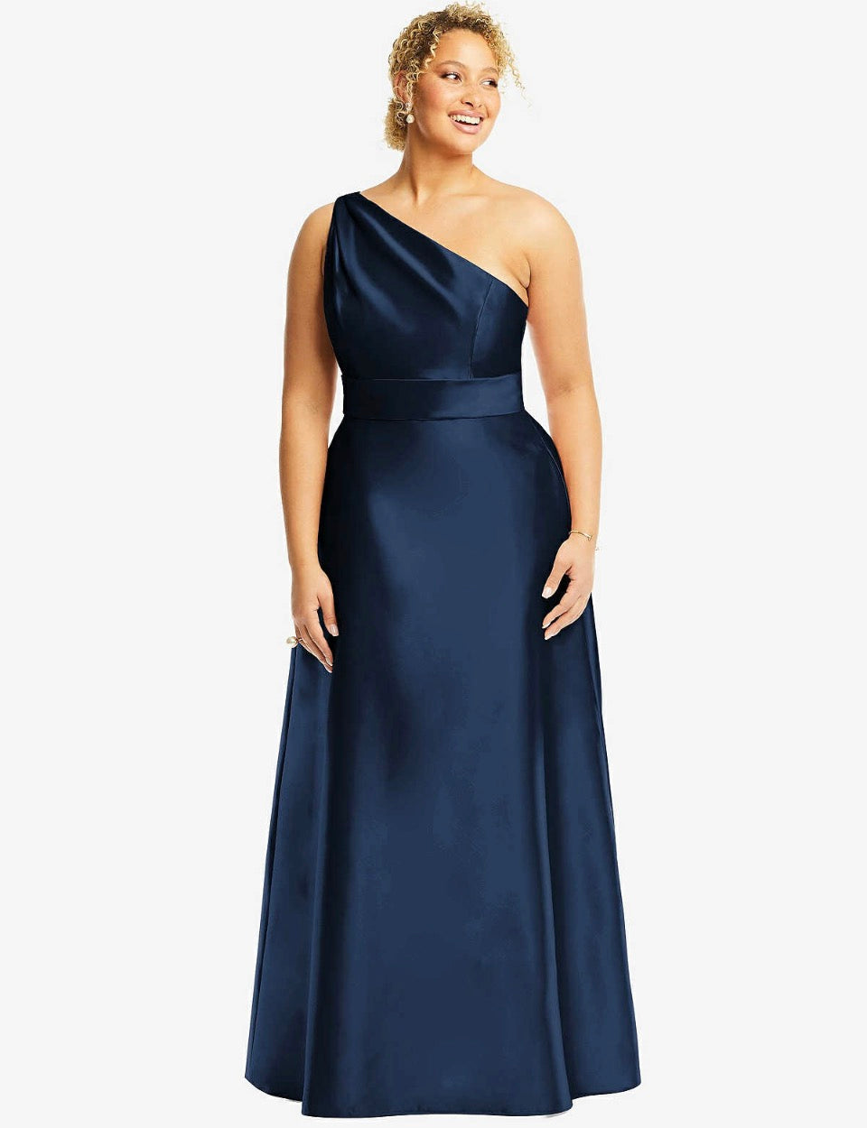 Alfred Sung DRAPED ONE-SHOULDER SATIN MAXI DRESS WITH POCKETS IN MIDNIGHT
NAVY Sz 20 $240