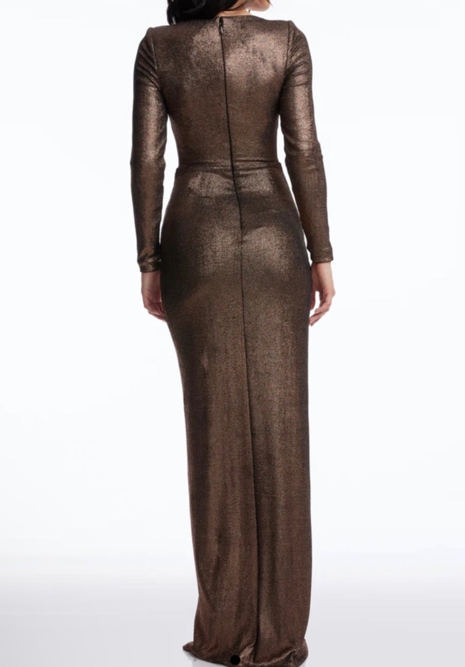 DRESS THE POPULATION Shimmery Sparkling Bronze Romera Long Sleeve
Maxi Dress Sz XS $348