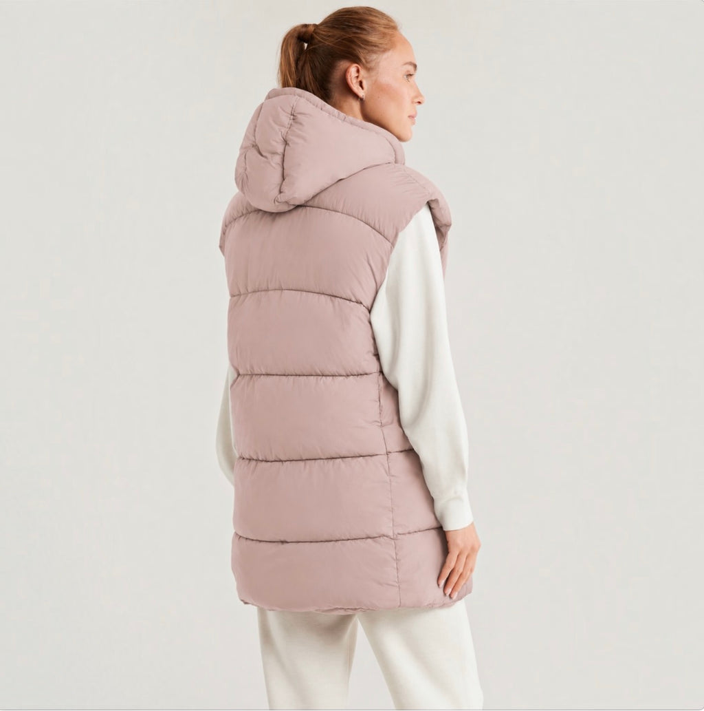 Zella Longline Hooded Puffer Vest Pink Dusty Rose Size Large