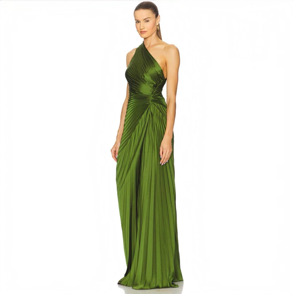 A.L.C. Lara One-Shoulder Plissé Satin Gown Ivy Size 14
