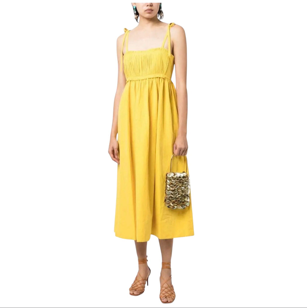 Ulla Johnson Laetitia Noir Pleated Linen Silk Midi Dress Yellow Size 4