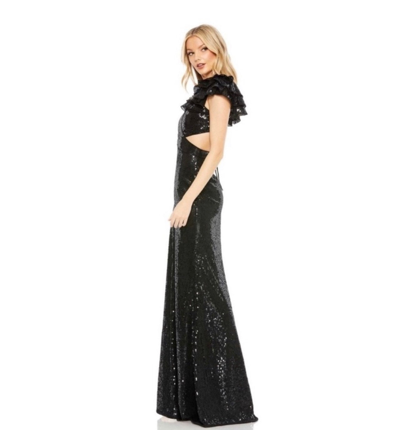 MAC DUGGAL 10829 Sequin Ruffled Cut Out Lace Up Gown in Black Sz 2 $598