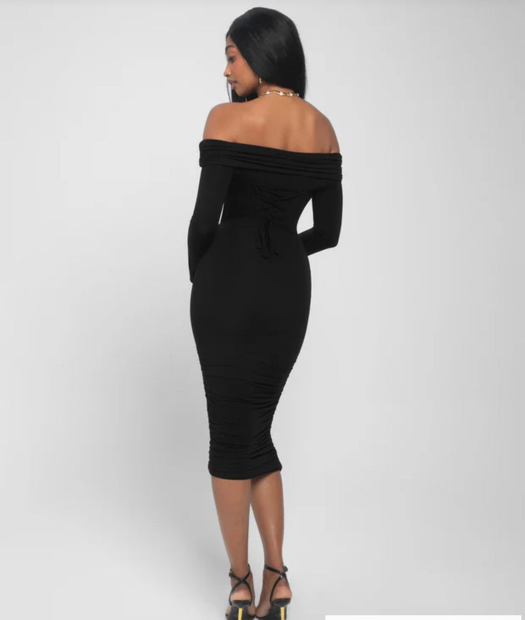 TA3 Shapey Off Shoulder Ruched Black Midi Dress XXS Long Sleeve Built In Shapewear