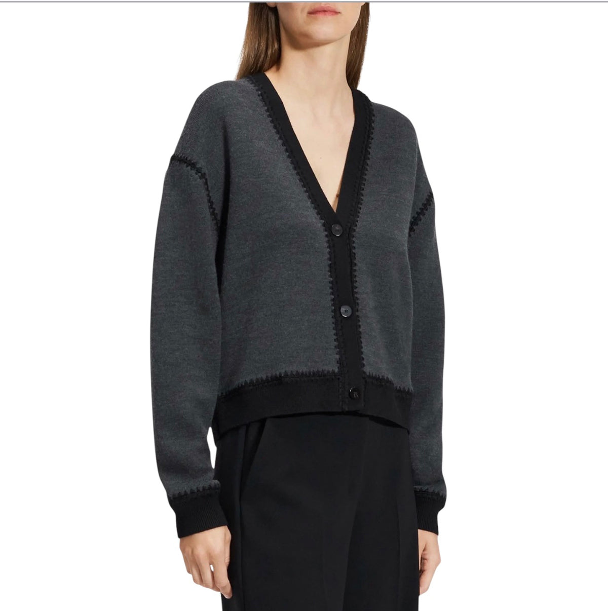 Theory Blanket Stitch Merino Wool
Cardigan Gray/ Black Sz Large