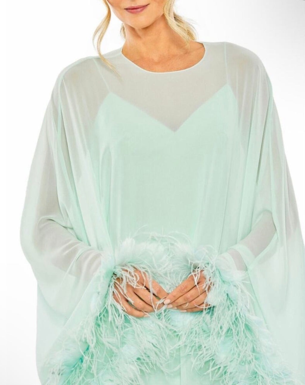 Mac Duggal 11622 Mint Green Feather Trim Trapeze Mini Cocktail Dress Sz 10 $598