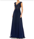 MAC DUGGAL 20264
APPLIQUED CAP
SLEEVE EMBELLISHED BODICE
NAVY
FLOWY Sz 10 $598