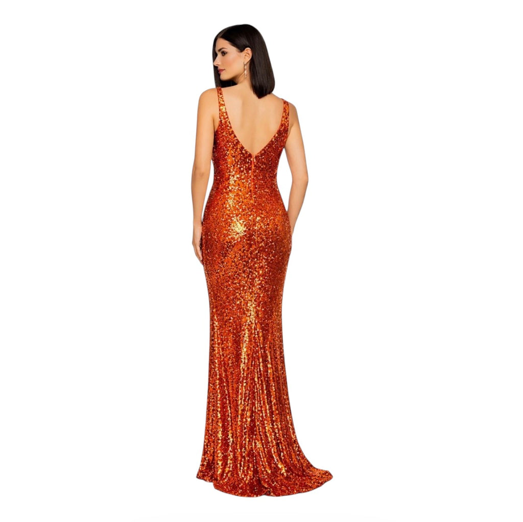 Dress the Population Jordana Orange Sequin Gown Glam Evening Maxi Sz Small