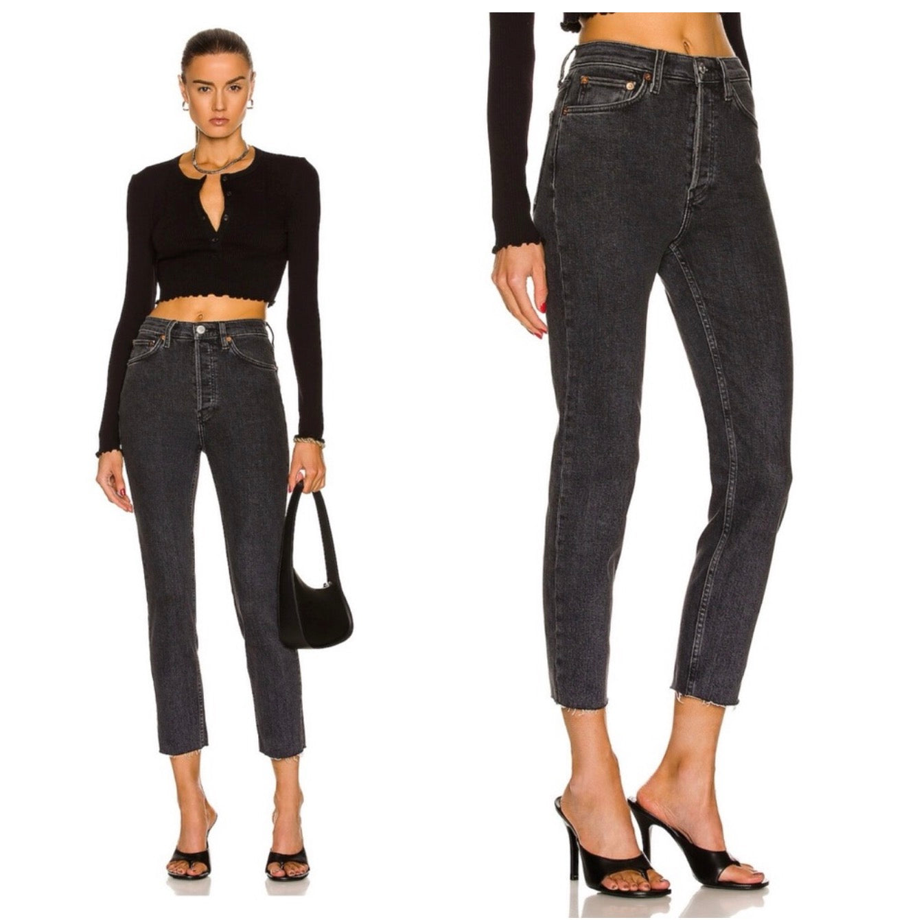 Re/Done 90s High Rise Ankle Crop Jeans in Stoned Noir Sz 26 $265