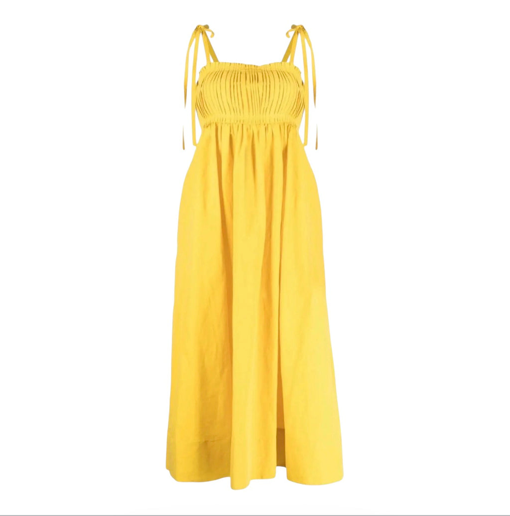 Ulla Johnson Laetitia Noir Pleated Linen Silk Midi Dress Yellow Size 4