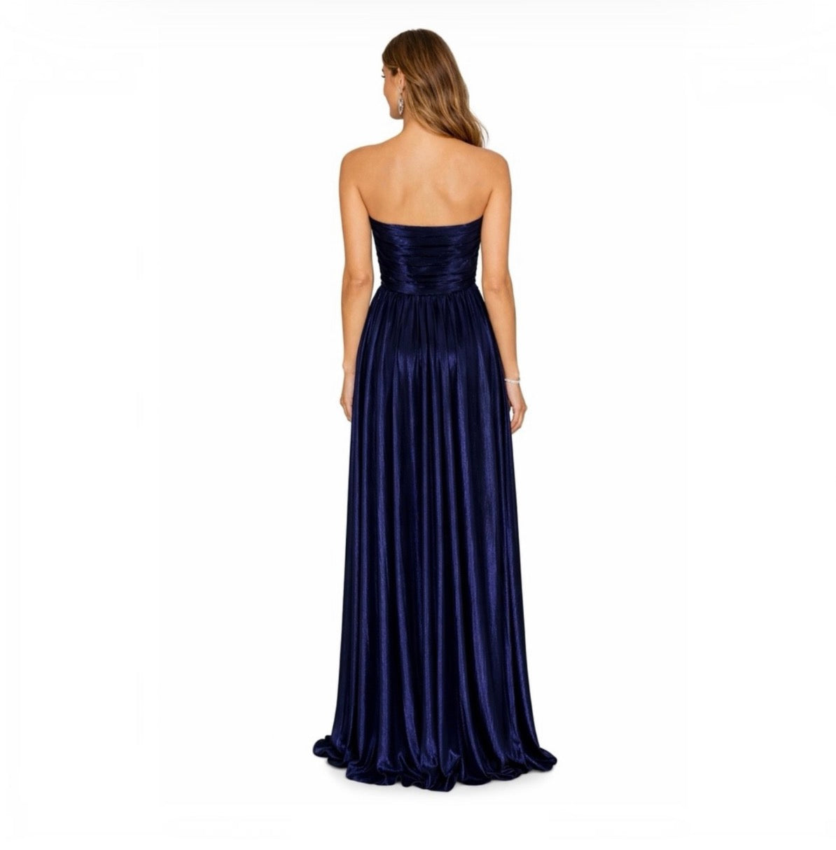 Retrofête Navy Strapless Metallic Pleated Gown Size Small