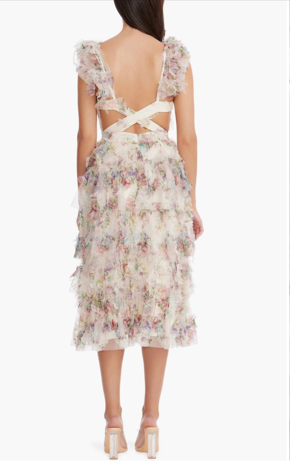 Dress the Population
Kristen Flutter Sleeve Ruffle
Tier Dress in Ivory Multi Sz Small $430