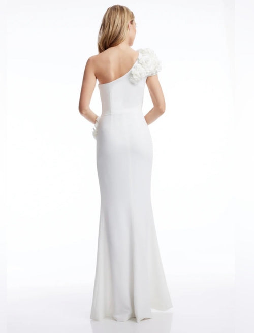 Dress the Population Aubrielle Asymmetric 3D Floral Mermaid Gown Off White XS $298