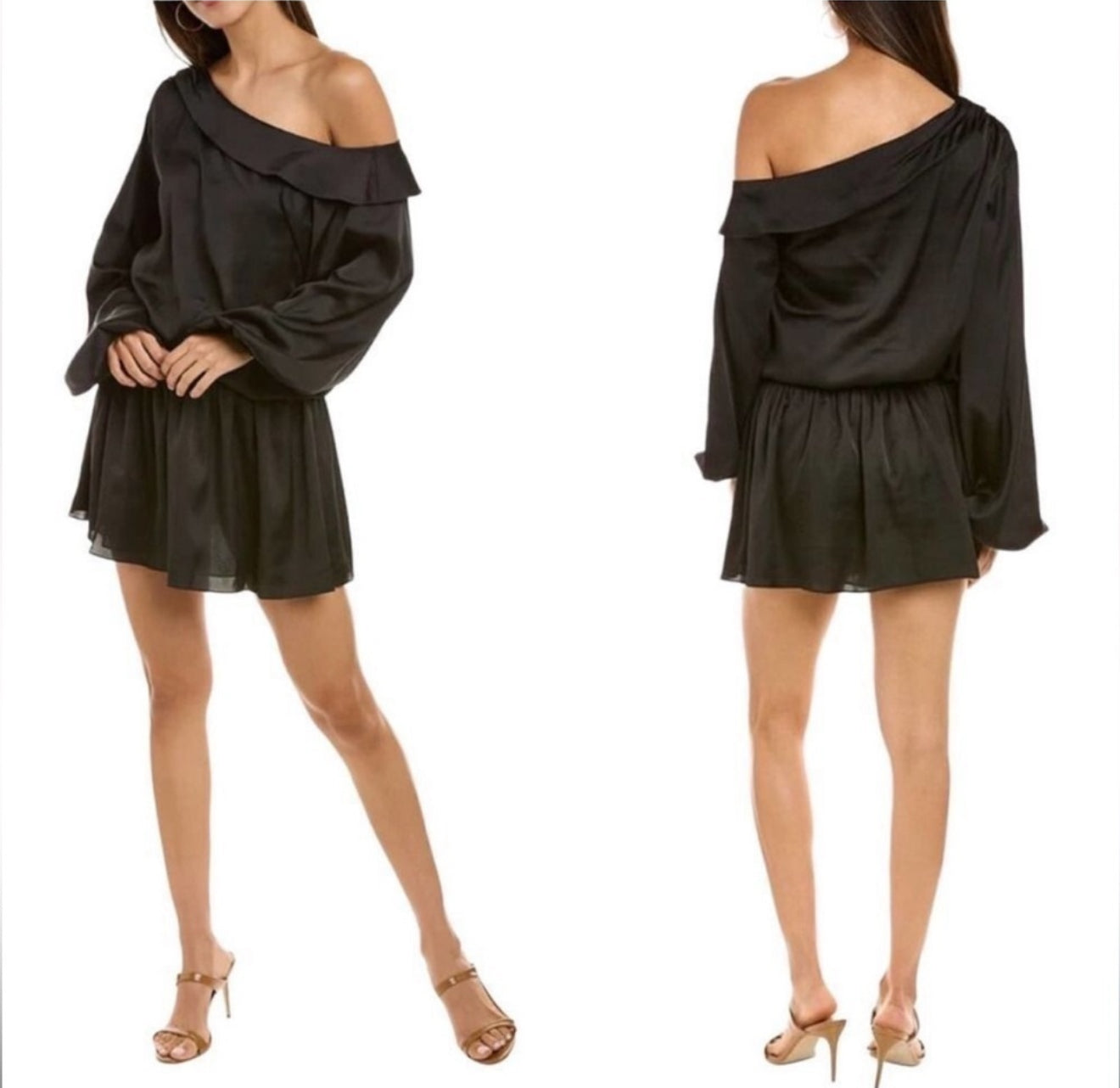 Ramy Brook Timothy Black Satin Off
Shoulder Blouson Mini Dress Sz Medium $445