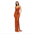 Dress the Population Jordana Orange Sequin Gown Glam Evening Maxi Sz Small