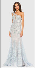 Мас DUGGAL 79264 Blue
Embroidered Feathered One
Shoulder Trumpet Gown Sz 10