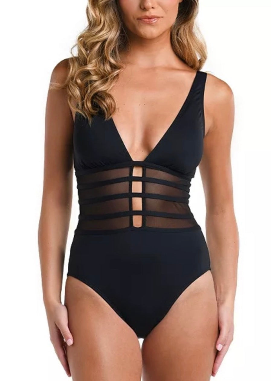 New! La Blanca Island Goddess Over the Shoulder Mesh One Piece Swimsuit Black 12
