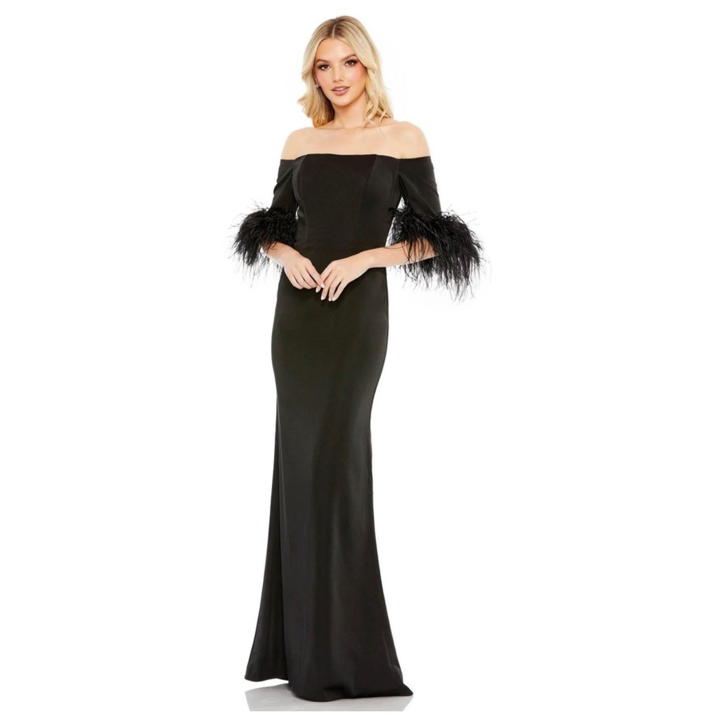 Mac Duggal Dress 11441 feather trim off the shoulder column gown black Sz 6 $498