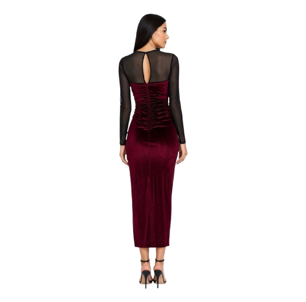 Amanda Uprichard Burgundy Velvet Mesh Midi Dress Ruched Long Sleeve Small