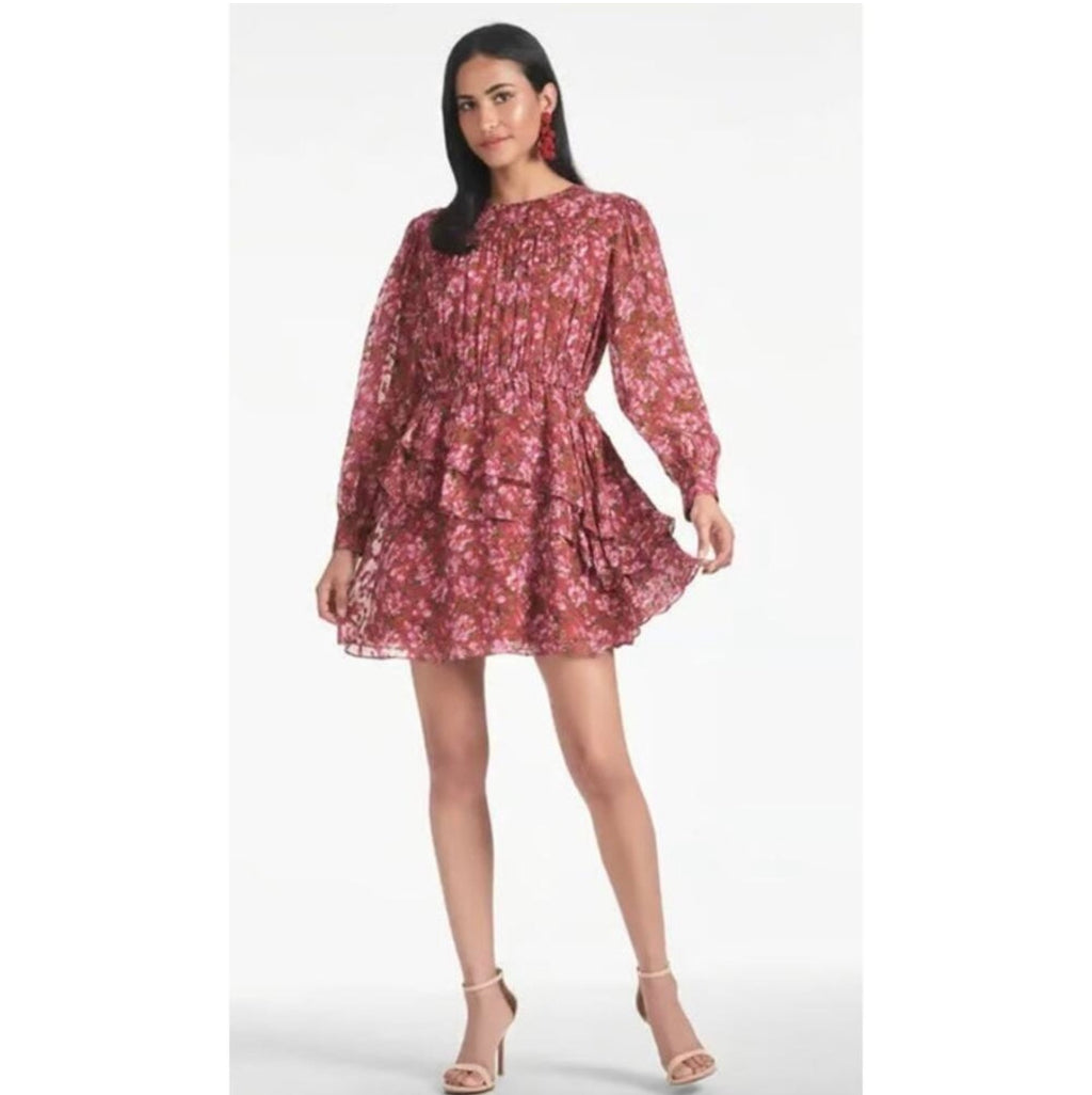Sachin & Babi Meg Floral Ruffle Chiffon Mini Dress XS Bordbloom Long Sleeve A-Line $295