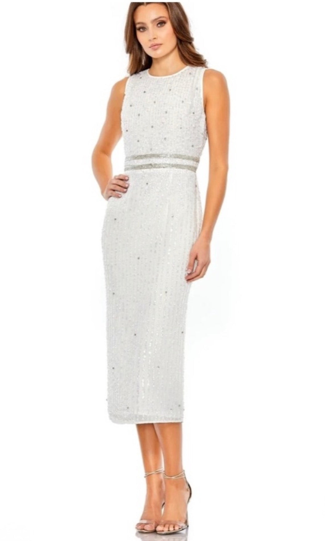 Mac Duggal 10509 Sleeveless High Neck Beaded Midi Sheath Dress White Sz 0