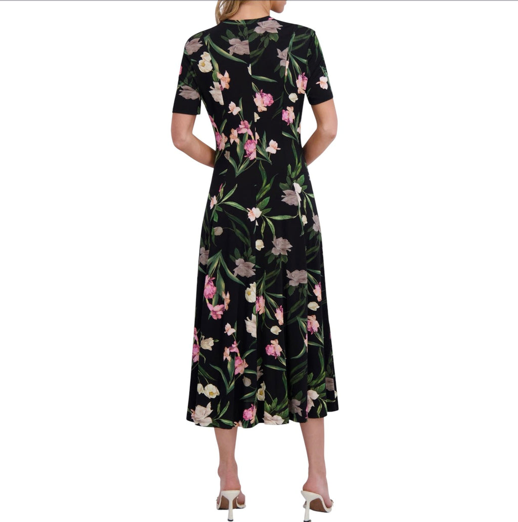 Ted Baker Floral Print Jersey Midi Dress Black Pink Stretch A-Line US Size 4