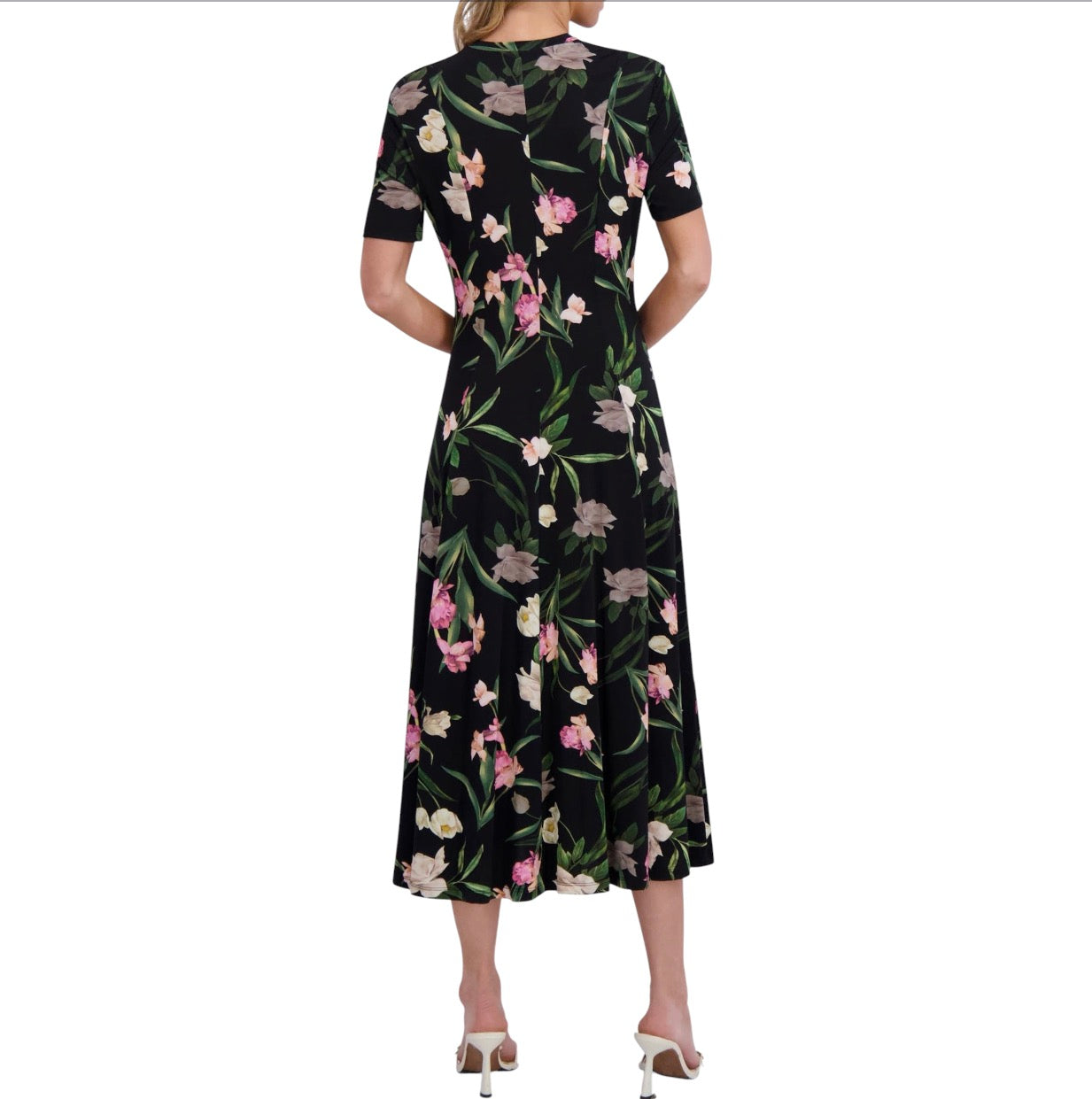 Ted Baker Floral Print Jersey Midi Dress Black Pink Stretch A-Line US Size 4