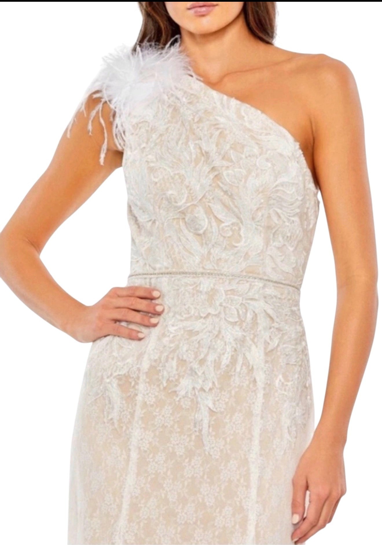 Mac Duggal 11317 Feather OneShoulder Ivory Lace Dress Formal Gown Sz 8