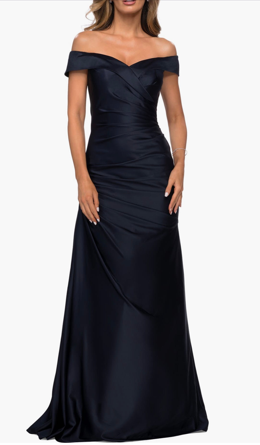 La Femme 28103
Off the Shoulder Satin
Evening Dress with Pleating Navy Sz 8 $438