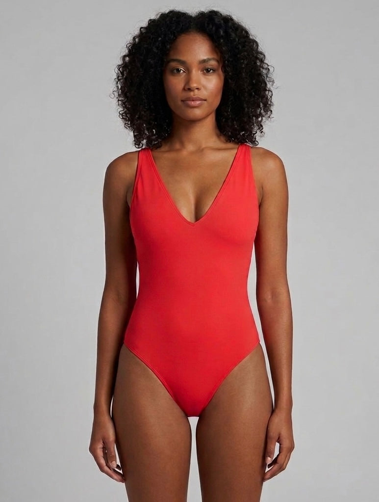 TA3 Plungey One Piece Swimsuit Red Lace-Up Back Large Short
