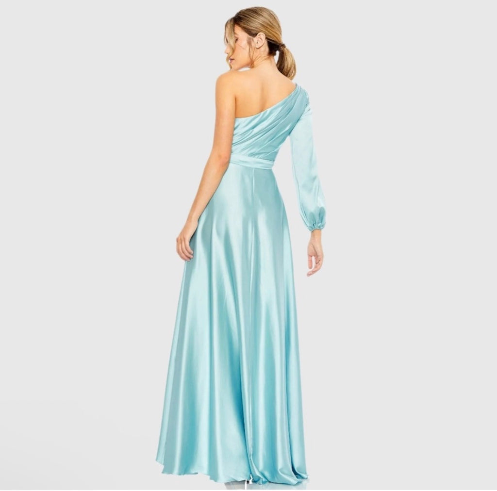 Mac Duggal 49141 French Blue One Shoulder Satin Hi-Low Gown Size 8 $358